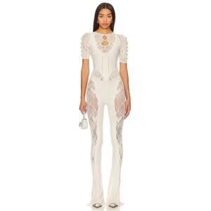 Poster Girl Delphine Crystal Embellished Jumpsuit Cut Out Short Sleeve Oyster XS